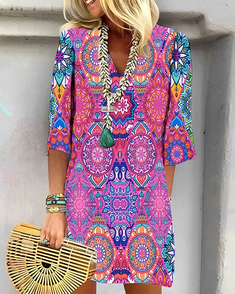 Drune | Kleid mit Geometrischem Druck und 3/4 Ärmeln