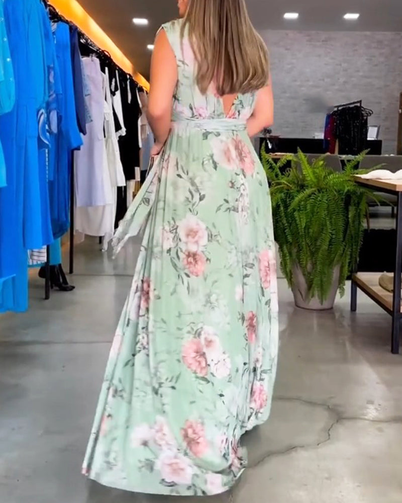 Drune | Elegantes Ärmelloses V-Ausschnitt Floral Druck Kleid