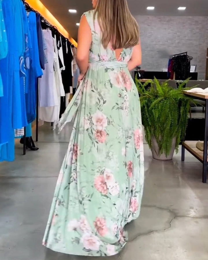Drune | Elegantes Ärmelloses V-Ausschnitt Floral Druck Kleid