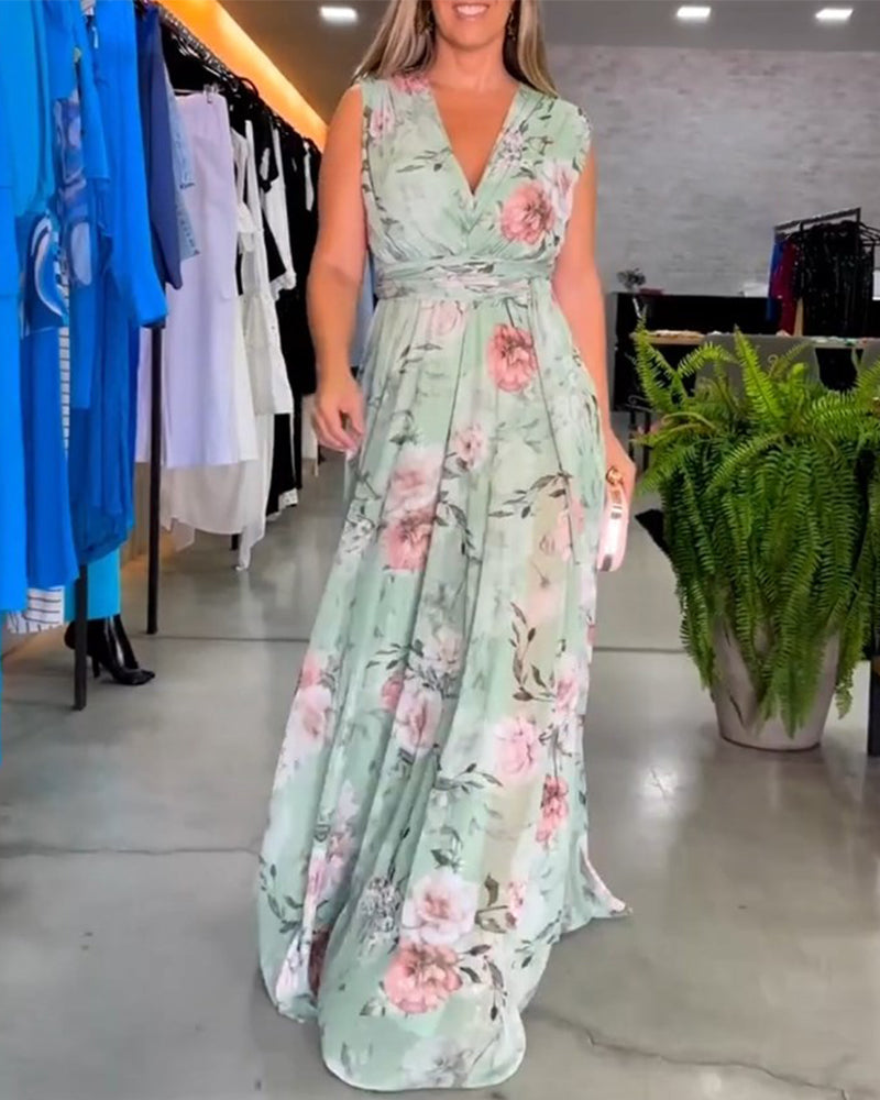 Drune | Elegantes Ärmelloses V-Ausschnitt Floral Druck Kleid