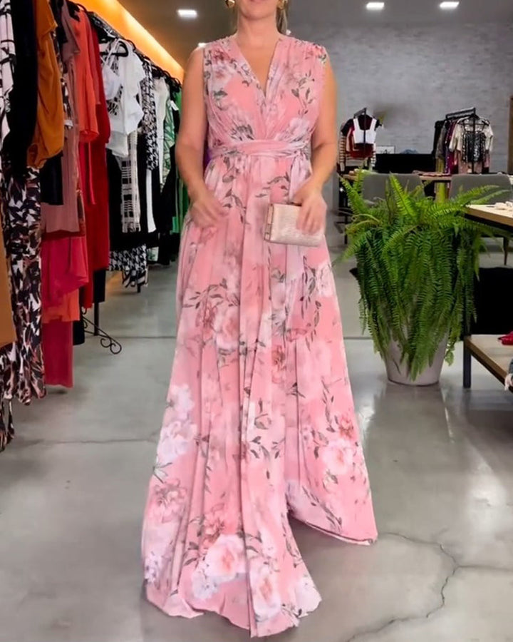 Drune | Elegantes, Ärmelloses Kleid mit Blumendruck und V-Ausschnitt