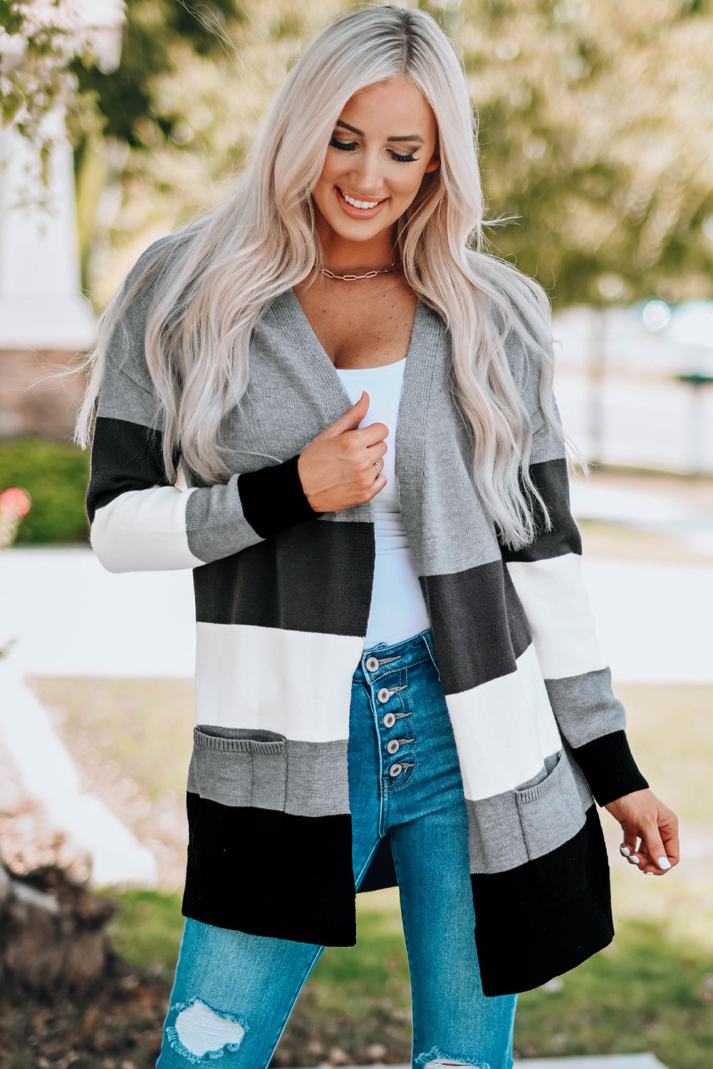Drune | Farbblock Offene Front Rippbündchen Cardigan mit Taschen