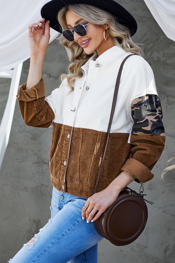 Drune | Leopard Farbblock Knopfleiste Cord Baumwolljacke