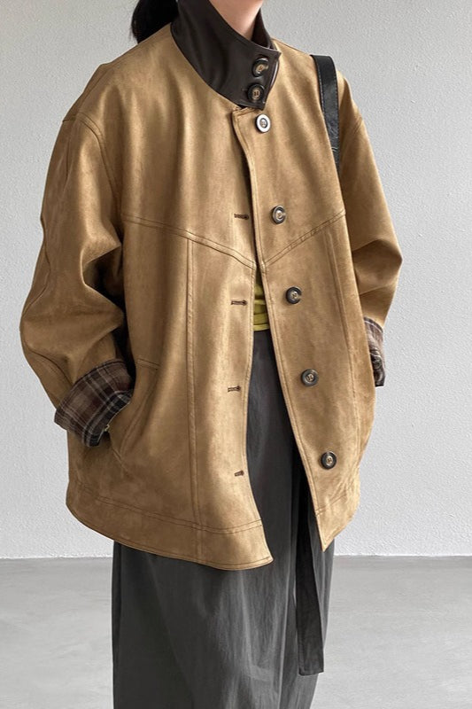 Drune | Stehkragen Karierter Lederjacke