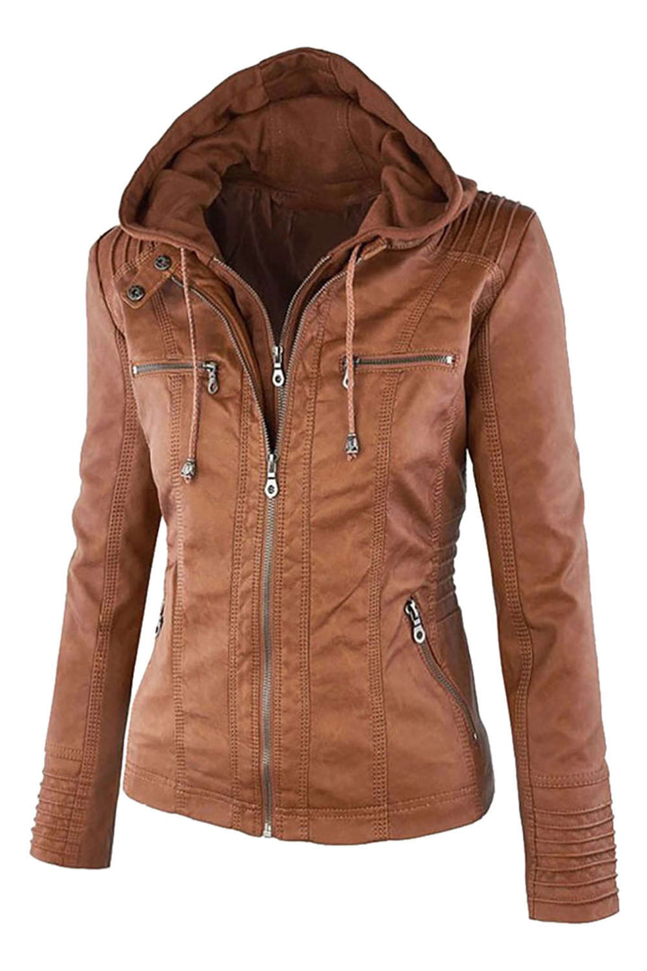 Drune | Damen Kunstleder Kapuzenjacke Mit Reißverschluss
