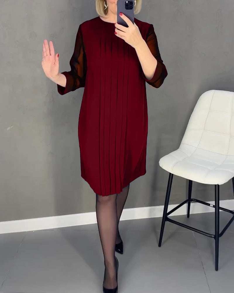 Drune | Einfarbiges Plissiertes Patchwork Mesh Kleid