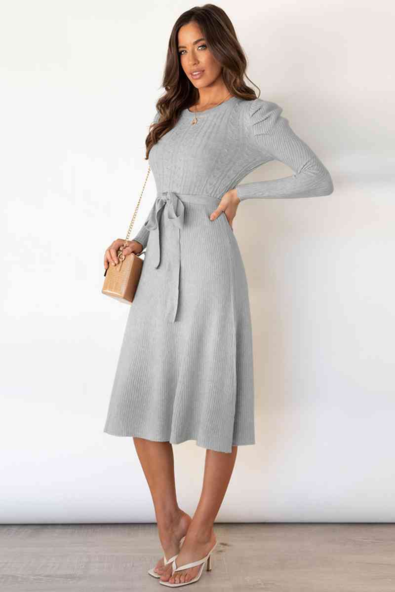 Drune | Rundhalsausschnitt Langarm Knoten Taille Pullover Kleid