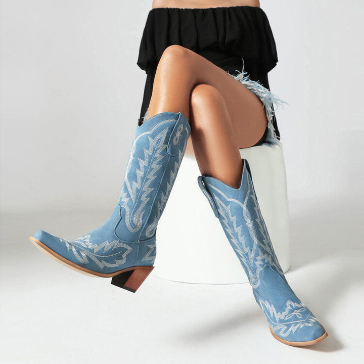 Drune | Bestickte Lange Kniehohe Stiefel Spitz Zehe Chunky Absatz Hoher Absatz