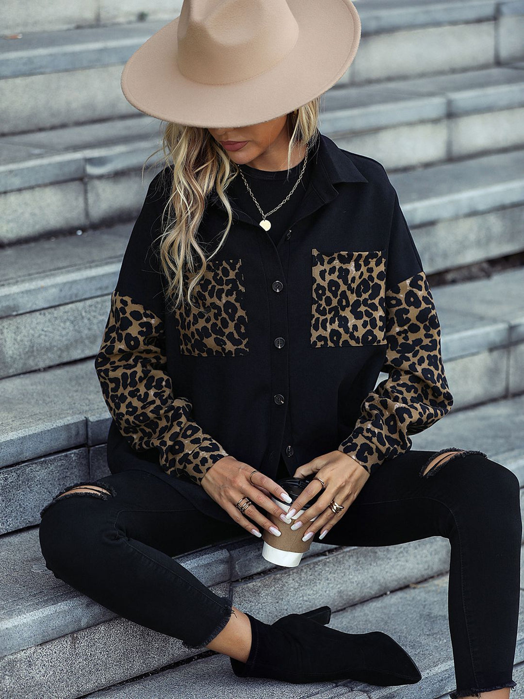 Drune | Leopard Print Knopf-abgesetzte Schulterjacke