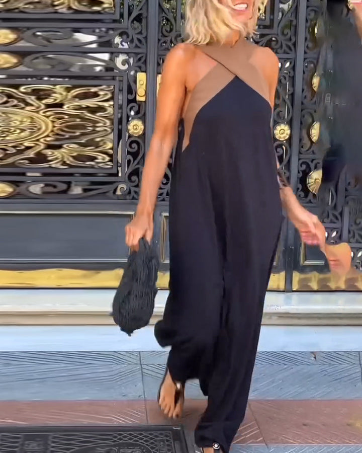 Drune | Kreuzförmig Rückenfreies Elegantes Kleid mit Kontrastfarbe