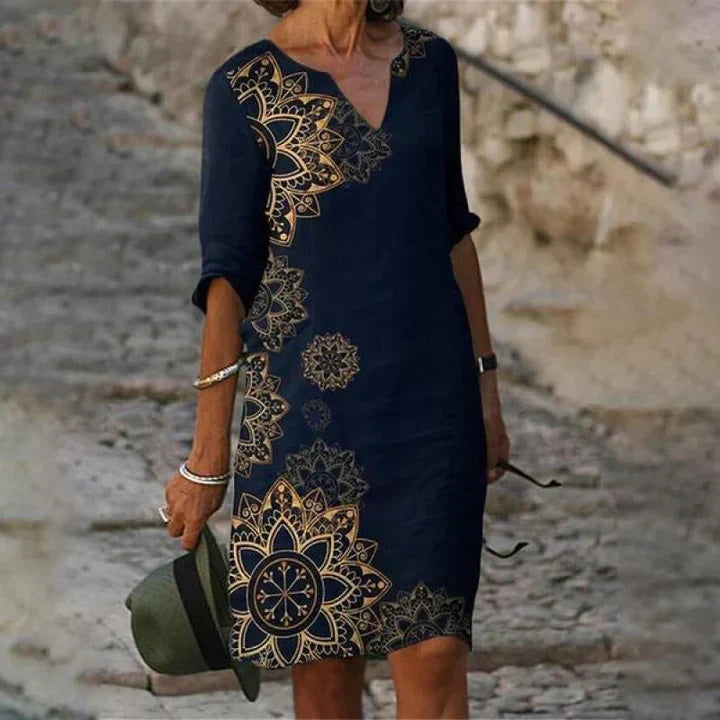 Drune | Bedrucktes Midi-Kleid mit V-Ausschnitt