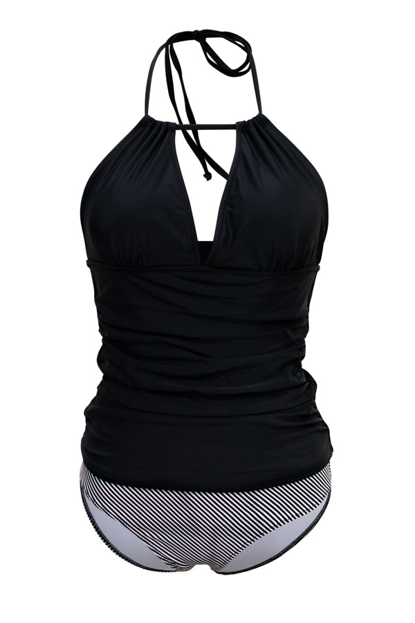 Drune | V-Ausschnitt Bauchkontrolle Streifen Druck Tankini Set