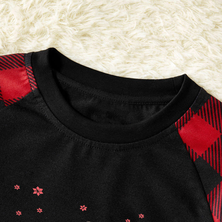 Drune | Rotes und schwarzes karierter Weihnachts-Pyjama-Set mit Schneemann- und Slogan-Designs