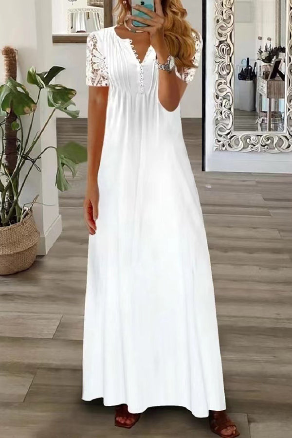Drune | Boho Floral V-Ausschnitt Knopf Spitzenärmel Ferien Strand Maxikleid