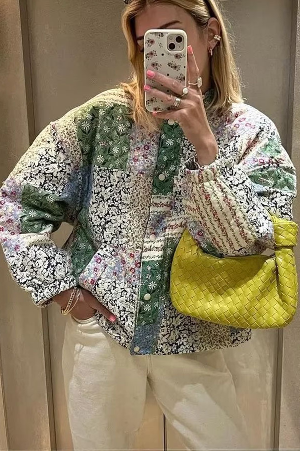 Drune | Stehkragen Langarm Blumenmuster Baumwolljacke