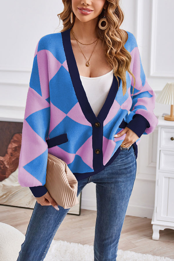 Drune | Hals geometrisches Patchwork kontrastierender Strickcardigan lässige lockere Jacke