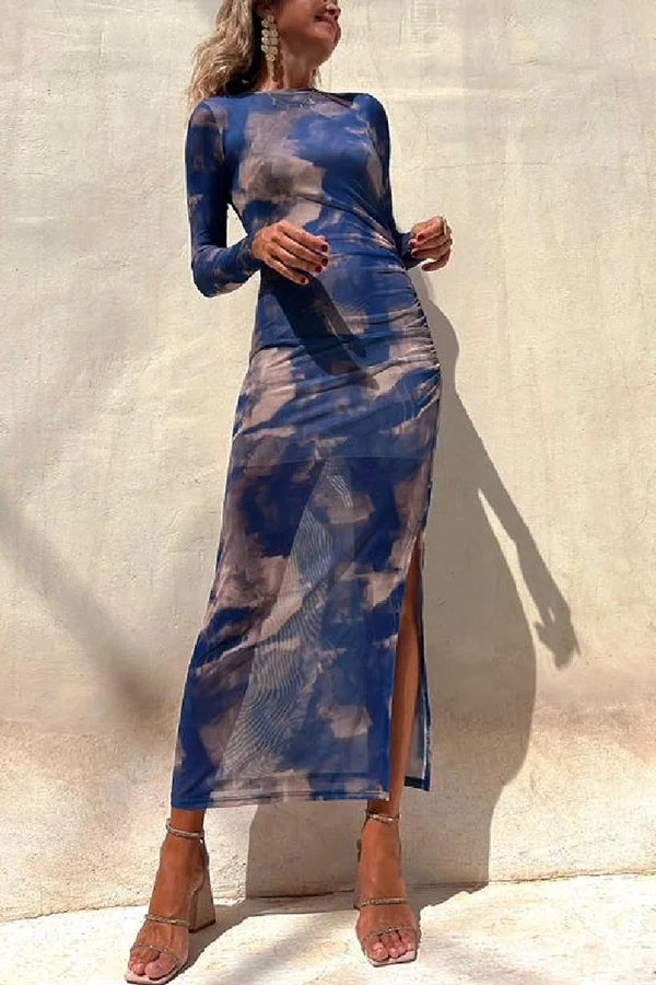 Drune | Charm Lady Mesh Overlay Tie Dye Print Langarm Rüsch Stretch Midi Kleid