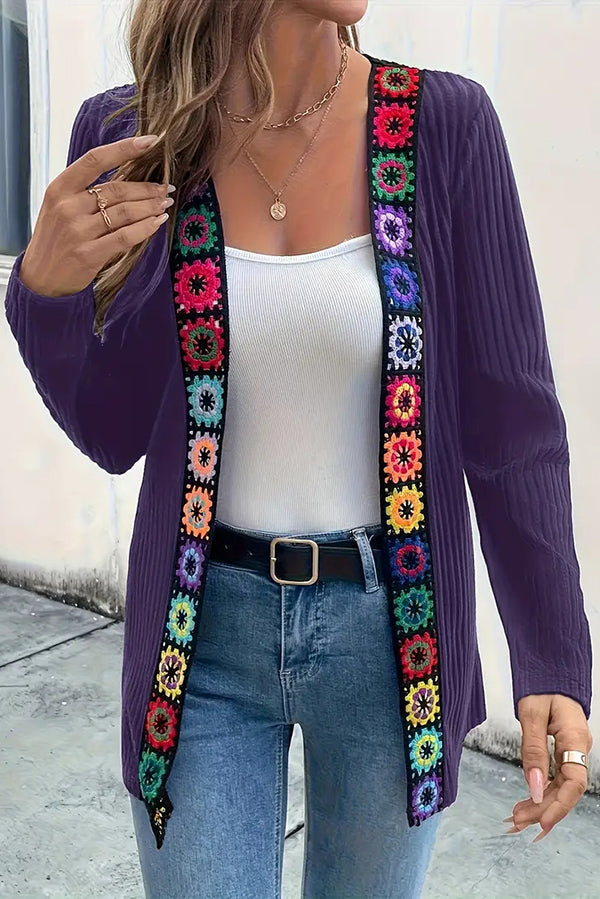 Drune | Boho knit cardigan with floral trim and long sleeves