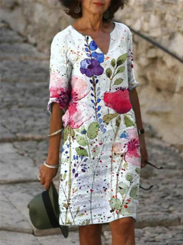 Drune | Bedrucktes Midi-Kleid mit V-Ausschnitt