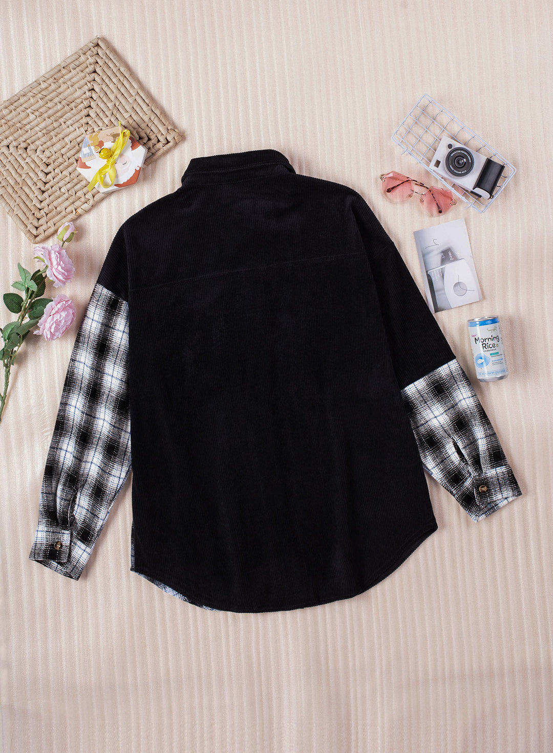 Drune | Karierte Farbblock Gefallen Schulter Corduroy Shacket