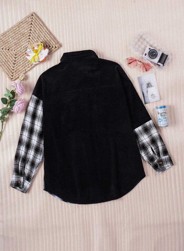 Drune | Karierte Farbblock Gefallen Schulter Corduroy Shacket