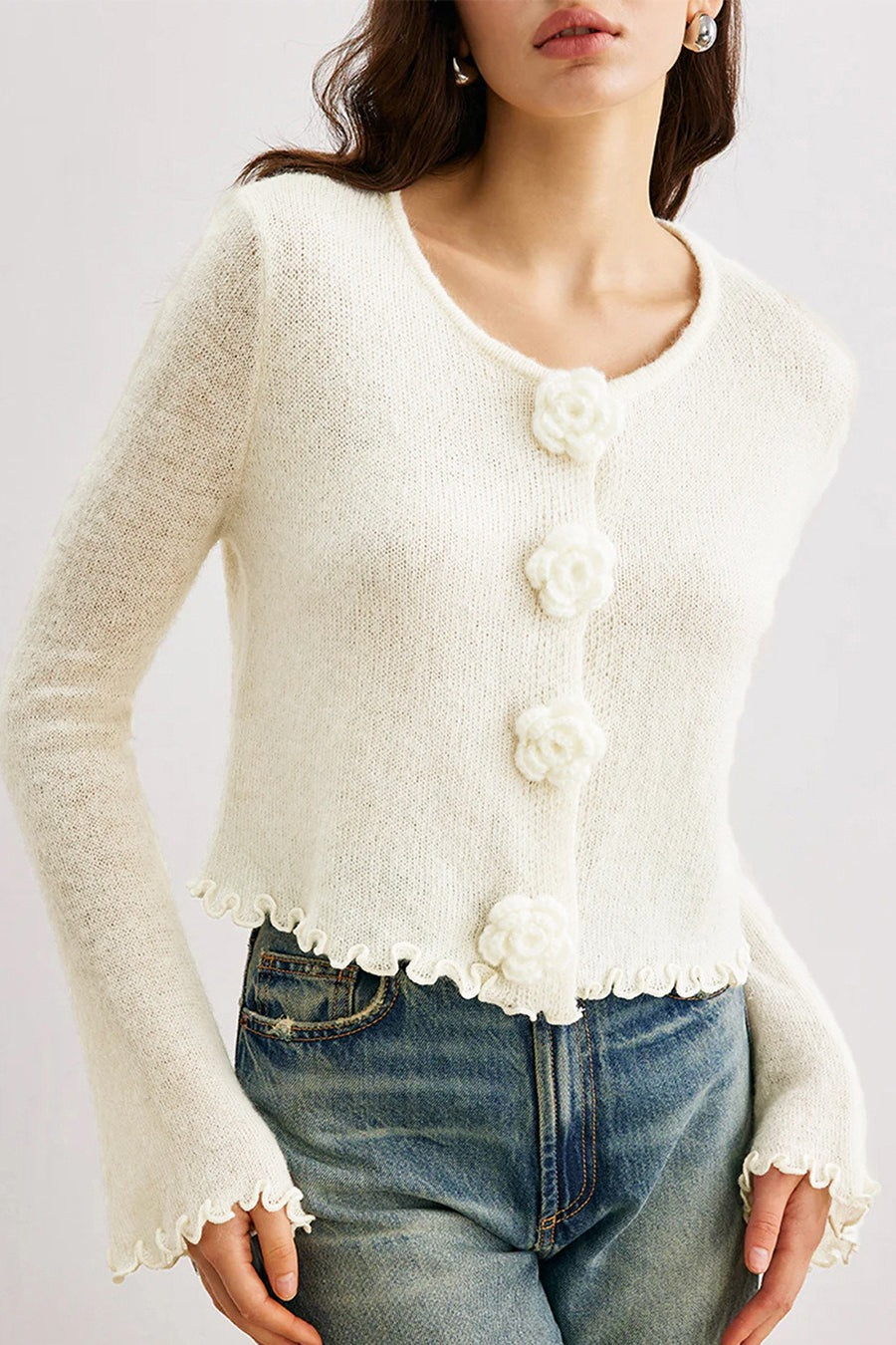 Drune | Slim, floral knit cardigan with ruffles
