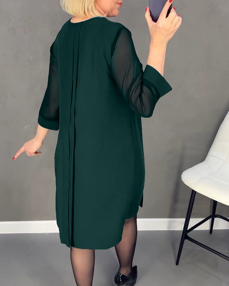 Drune | Einfarbiges Plissiertes Patchwork Mesh Kleid