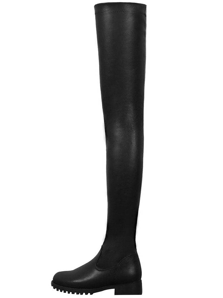 Drune | Overknee Stiefel Leder Niedriger Blockabsatz Texturierte Sohle Reißverschlussverschluss