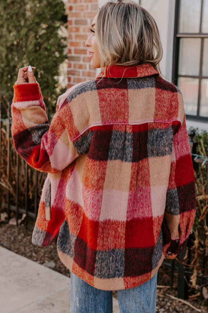Drune | Große orange karierte Freizeitjacke mit Klappentaschen und Knöpfen
