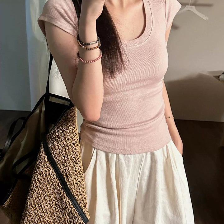 Damen Kurzarm T-Shirt Einfarbig Slim Fit