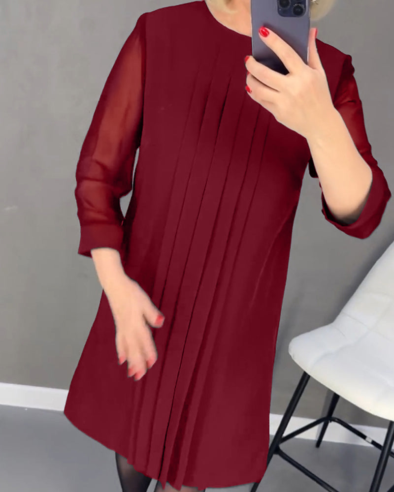 Drune | Einfarbiges Plissiertes Patchwork Mesh Kleid