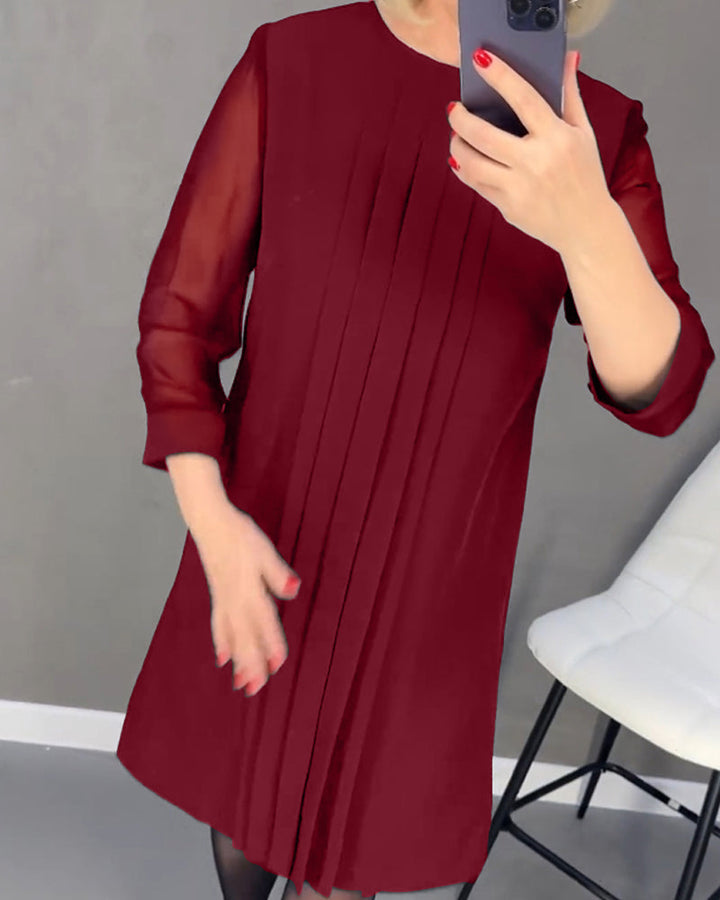 Drune | Einfarbiges Plissiertes Patchwork Mesh Kleid