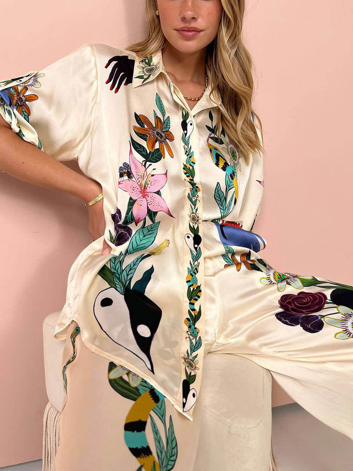 Drune | Satin Zweiteiler Mit Blumen Jungle Print