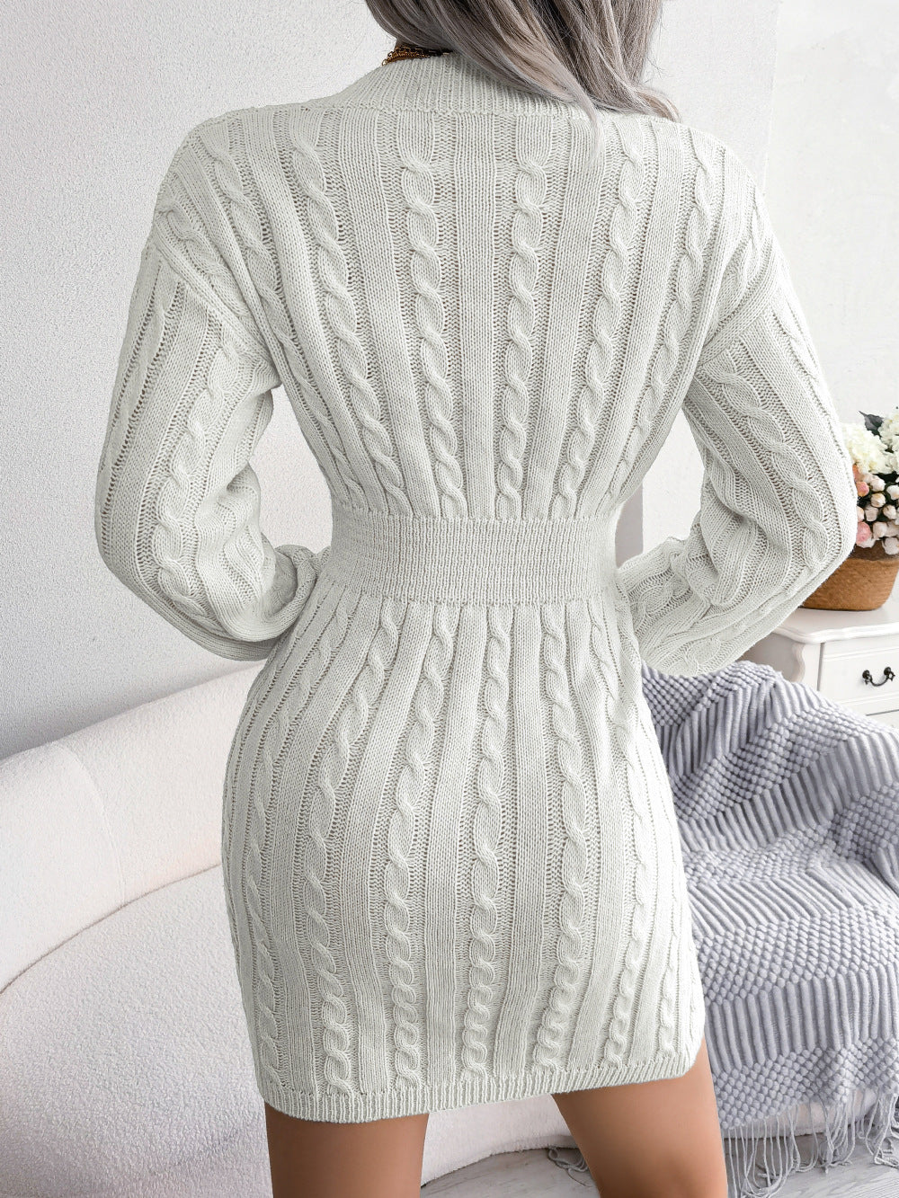 Drune | Schicke Herbst Kabelstrick V-Ausschnitt Mini Kleid für Frauen