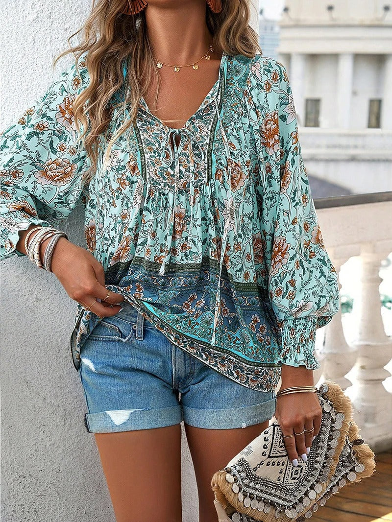 Drune | Lässiges Bedrucktes Langarmshirt mit V-ausschnitt für Einen Modischen Look