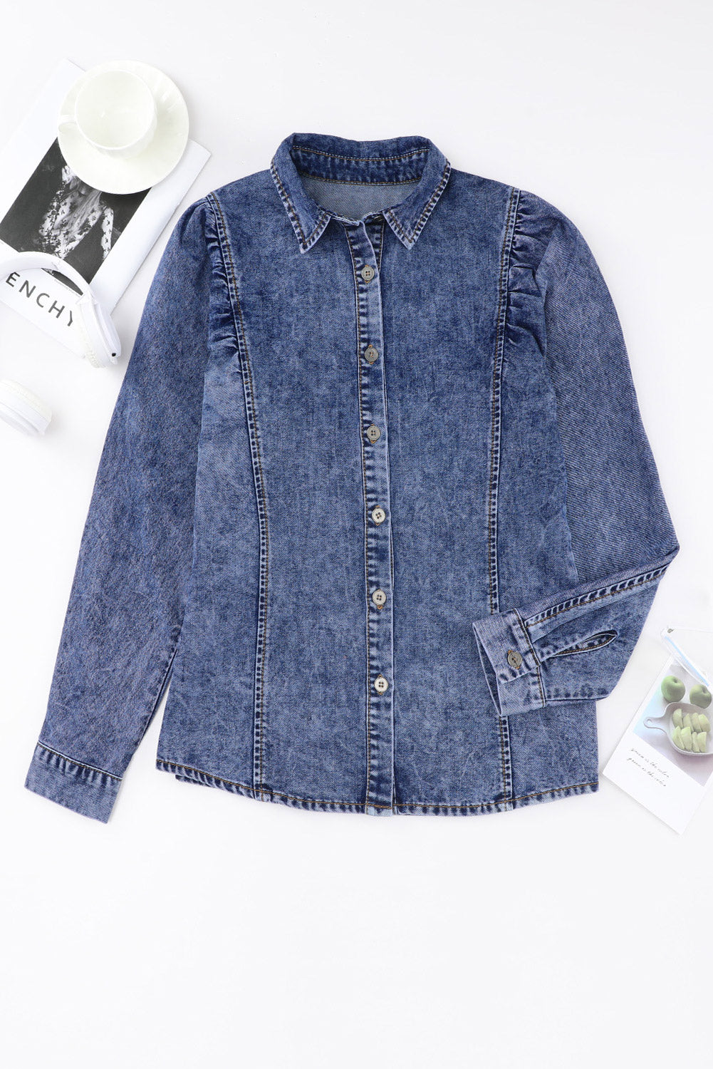 Drune | Denim-bluse mit Puffärmeln Baumwolle Klassischer und Eleganter Stil