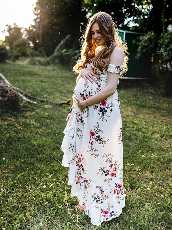 Drune Schwangerschafts-Chaps, Midi-Kleider für Fotoshootings, Blumendruck, Bandeau-Kleid mit seitlichem Schlitz, Weiß