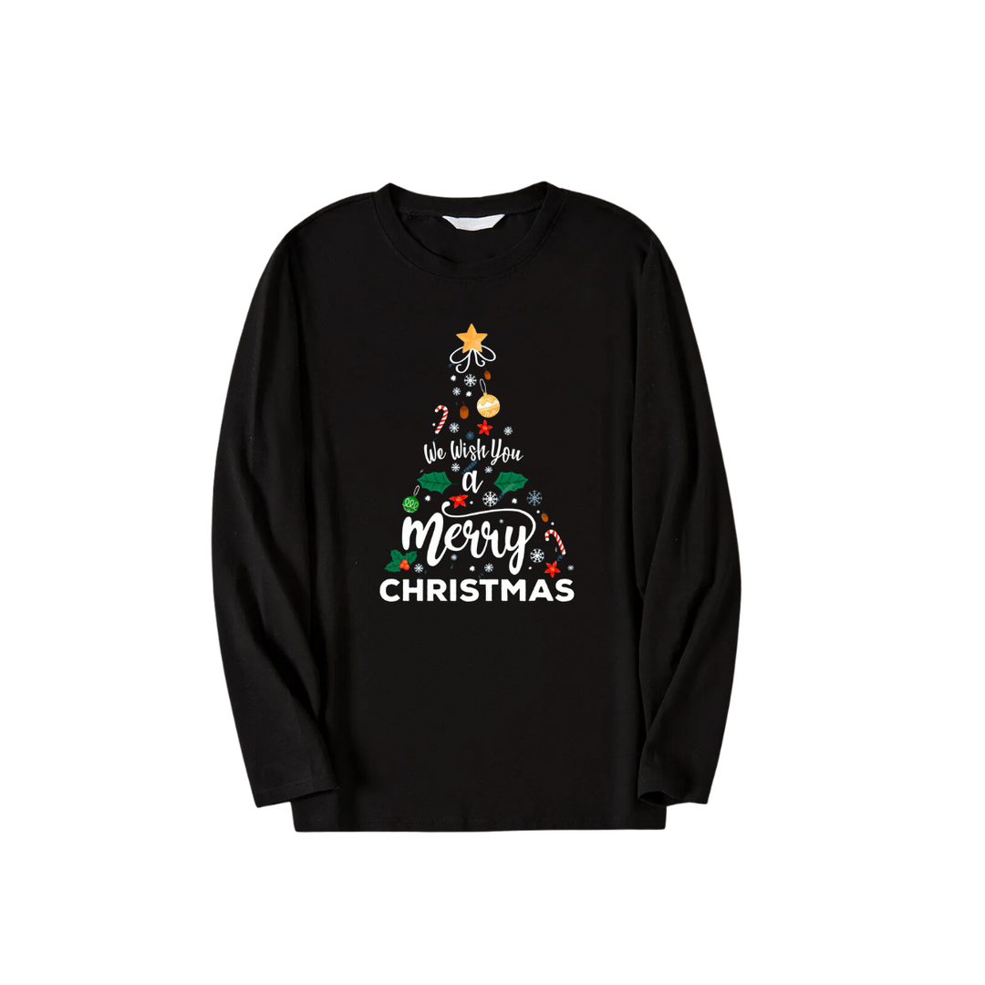 Drune | "Wir wünschen Ihnen ein frohes Weihnachtsfest" Bedrucktes Muster Schwarzes Langarmtop mit Schwarz- und Grünkarierten Hosen Paar Matching Pyjamas