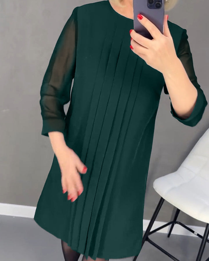 Drune | Einfarbiges Plissiertes Patchwork Mesh Kleid