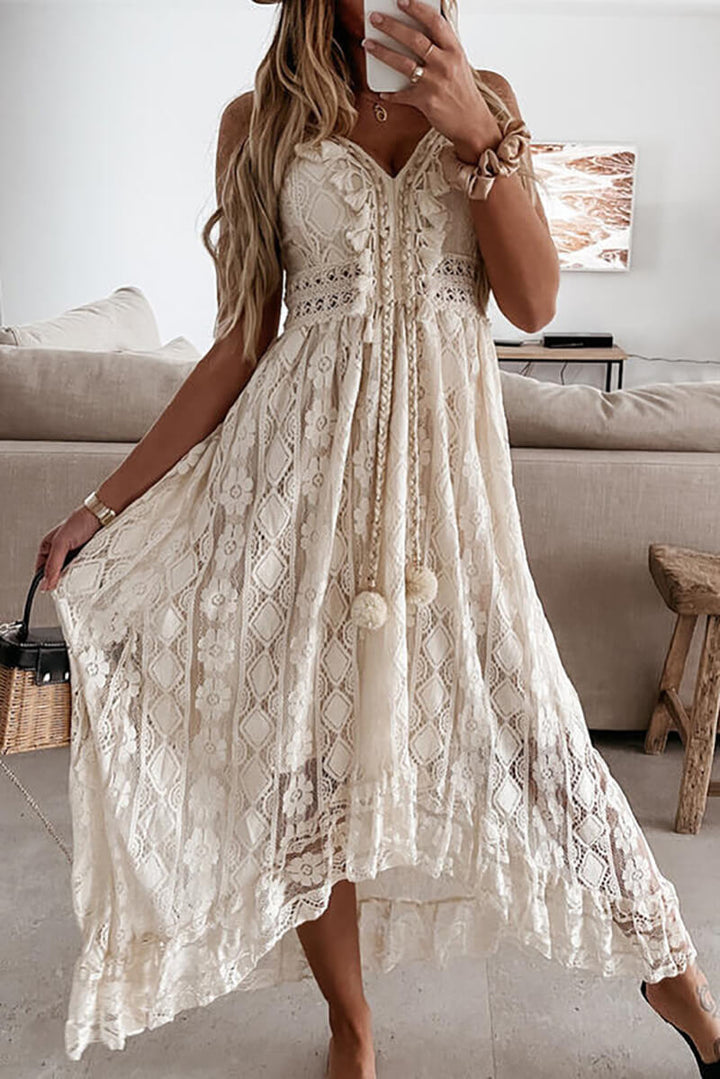 Drune | Midi-Kleid Lachsfarben mit Spitze und Rüschen