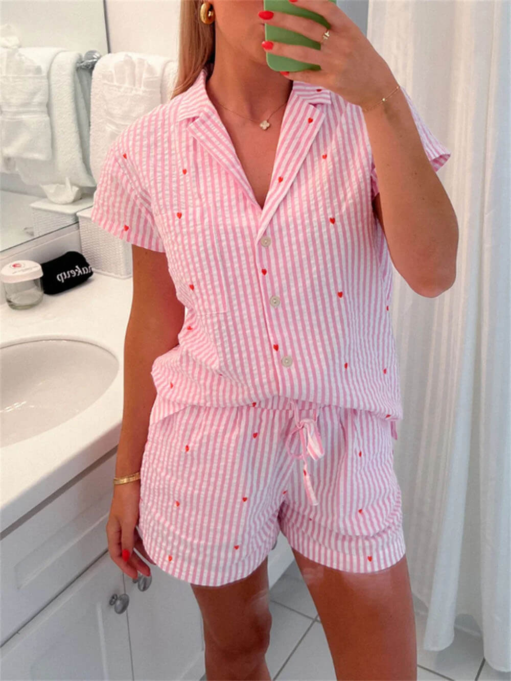 Drune | Zweiteiliges Pyjama Satz mit Hemd mit Knopfleiste und Kurze Hosen mit Elastischer Taille