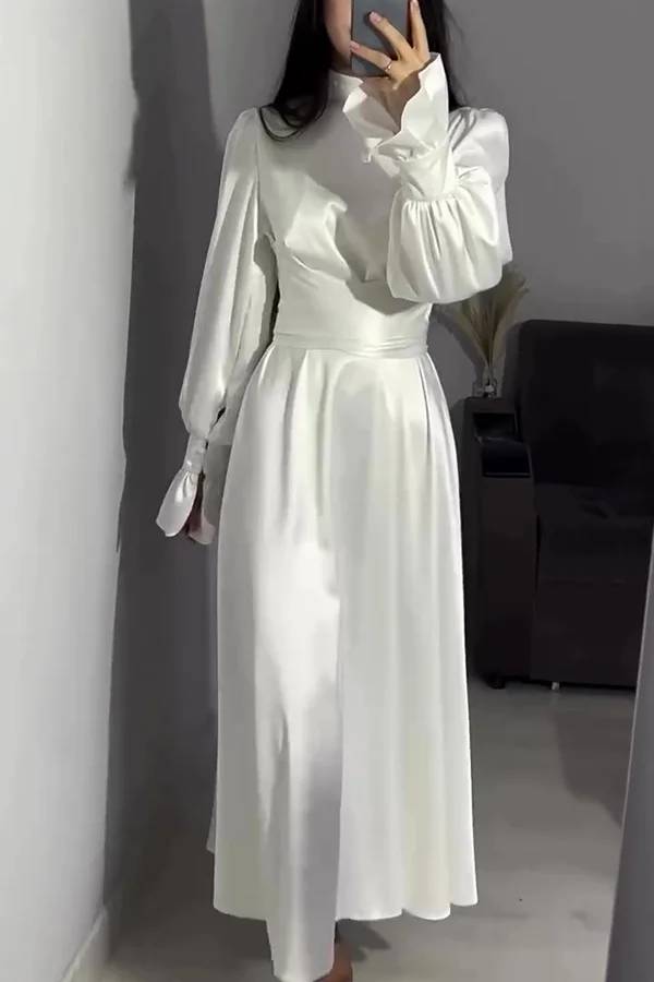 Drune | Einfarbiger Rüschensleeve Taillierter Krawatten Slim Fit Maxikleid