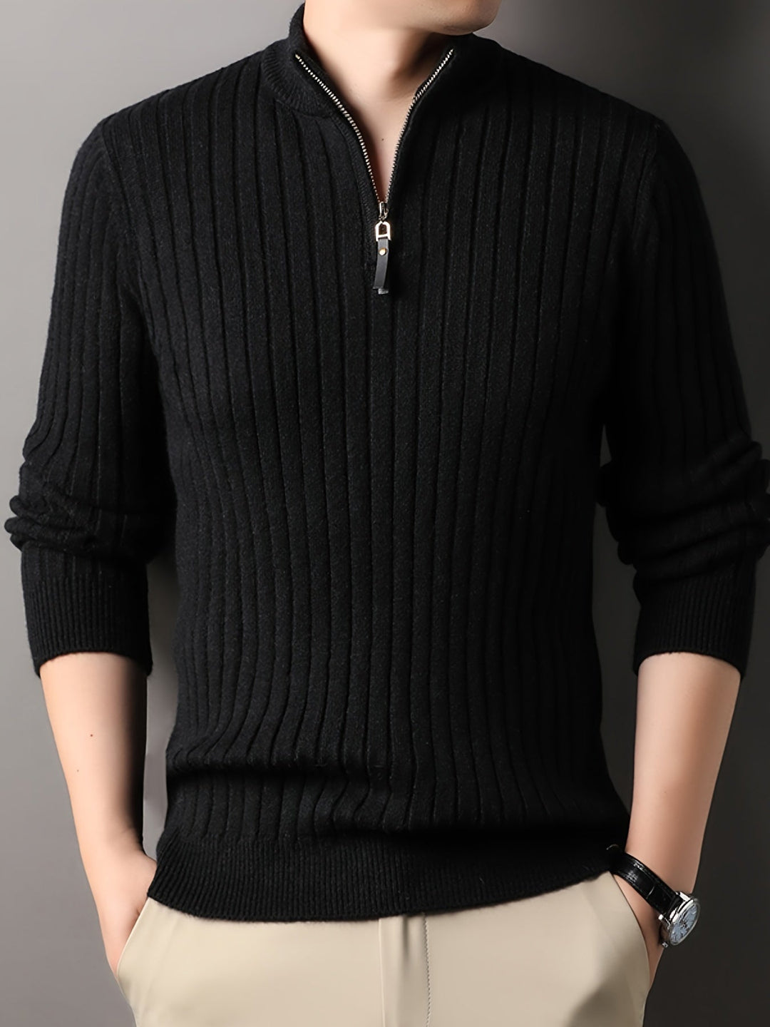 Drune | Strickpullover mit Hohem Kragen und Reißverschluss Geripptes Design Weiches Material