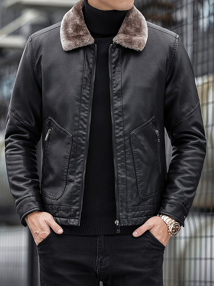 Drune | Fleece Gefütterte PU Lederjacke Mit Schicker Reißverschlusstasche Für Herren - Perfekt für Drune | Tage