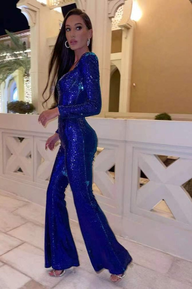 Drune Damen Pailletten Jumpsuit Elegant Party Overall Langarm