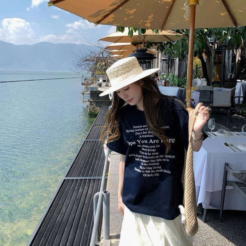 Damen Kurzarm T-Shirt mit Buchstaben Print