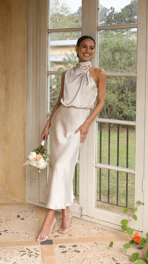 Drune | Elegantes Satin Midikleid Mit Drapiertem Ausschnitt Für Damen