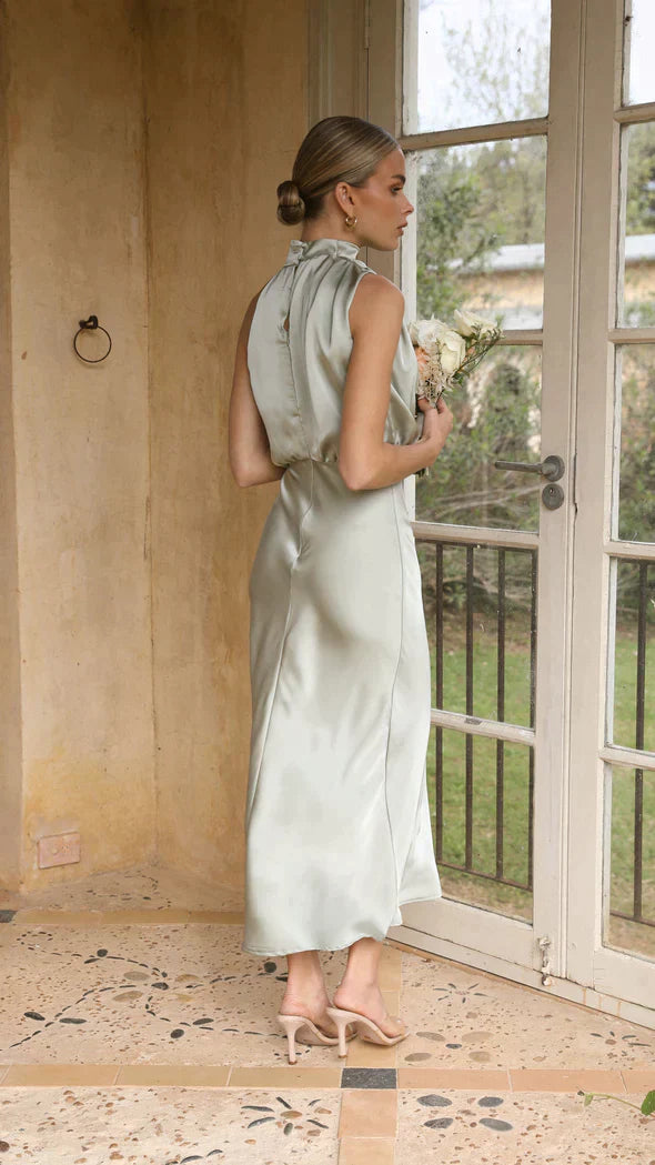 Drune | Elegantes Satin Midikleid Mit Drapiertem Ausschnitt Für Damen