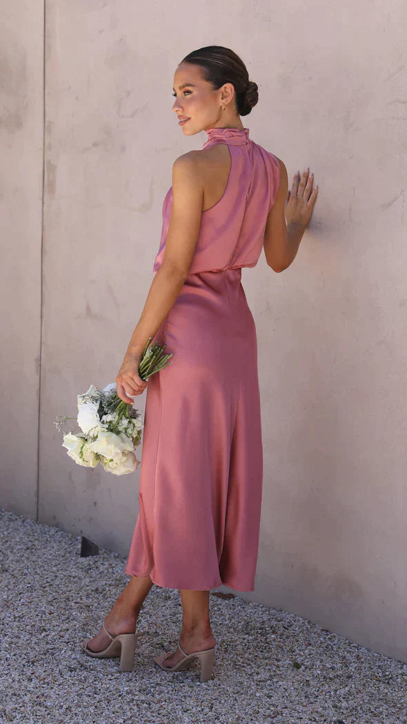 Drune | Elegantes Satin Midikleid Mit Drapiertem Ausschnitt Für Damen