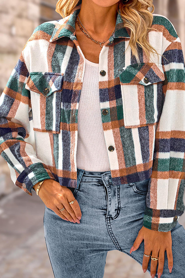Drune | Pocket Fashion Casual Cropped Damen Karierte Jacke